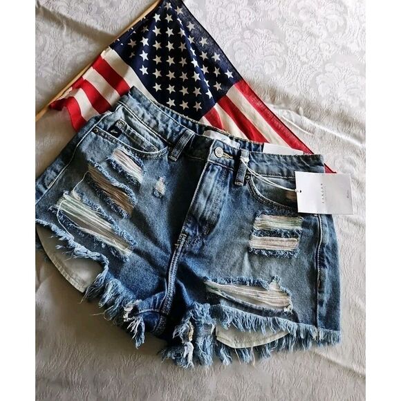 Kancan Mid Rise Denim Shorts Rainbow Thread DISTRESSED CUT-OFFS Sz 24‎ "1" NEW - Picture 1 of 12
